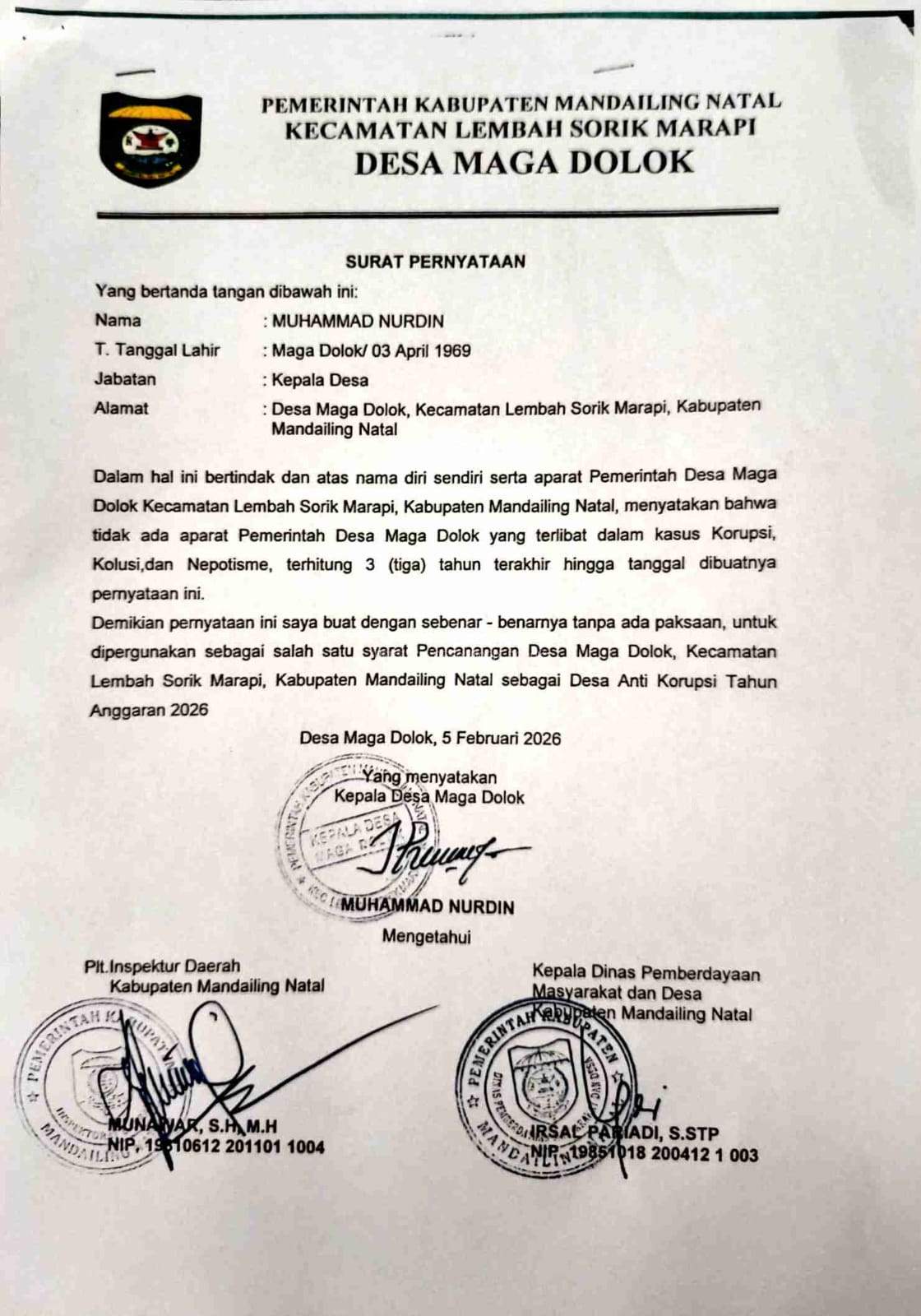 Surat Pernyataan Bebas temuan dari APH (Aparat Penegak Hukum)